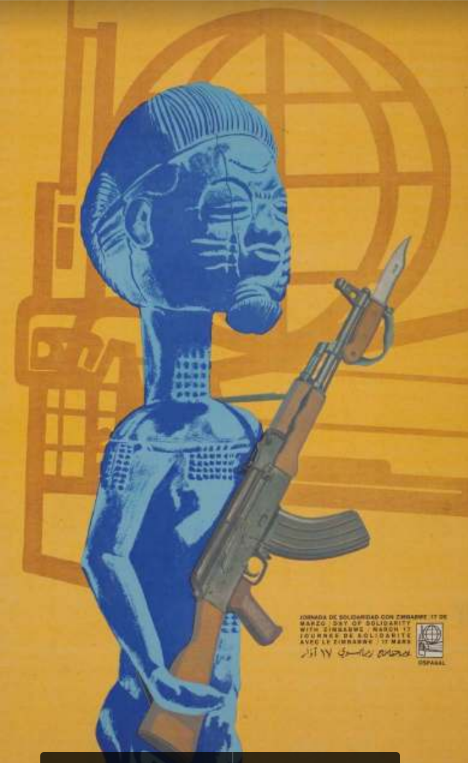 Image credit: Poster art by Jesús Forjans (1969). Available from the OSPAAAL poster archive, Docs Populi. https://www.docspopuli.org/CubaWebCat/detail.np/detail-85.html A blue Zimbabwean symbolic statuette figure holds a gun, against an orange background with an overlay of the OSPAAAL logo. Small black text in the corner reads ‘Day of Solidarity with Zimbabwe - March 17’ in Spanish, English, French and Arabic.