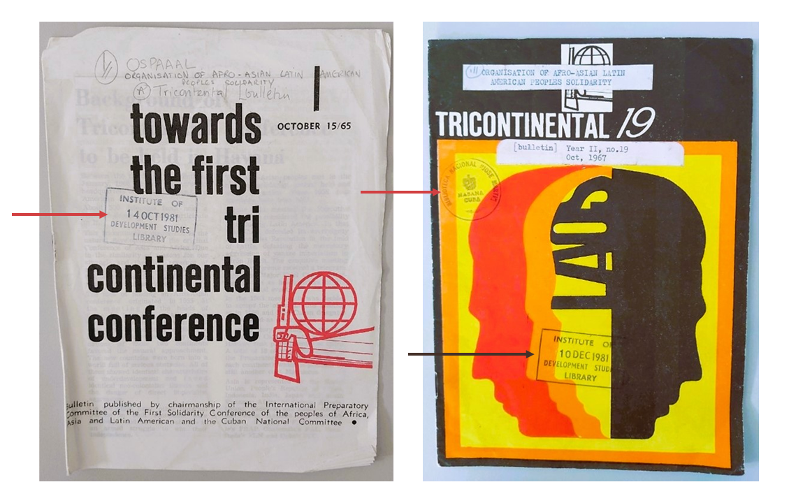 Two covers of Tricontinental Bulletins from the BLDS collection. Bulletin no. 1 on the left includes bold black heading text: “towards the first tricontinental conference, flanked by a library date stamp on the left and the red Tricontinental logo on the right. Buletin no. 19 on the right features a striking yellow, red, orange and black cover with an abstract image of a overlapping human heads in varying profile angles, with the word LAOS in the centre. This cover includes two library stamps, one from IDS and one from the Cuban national library.