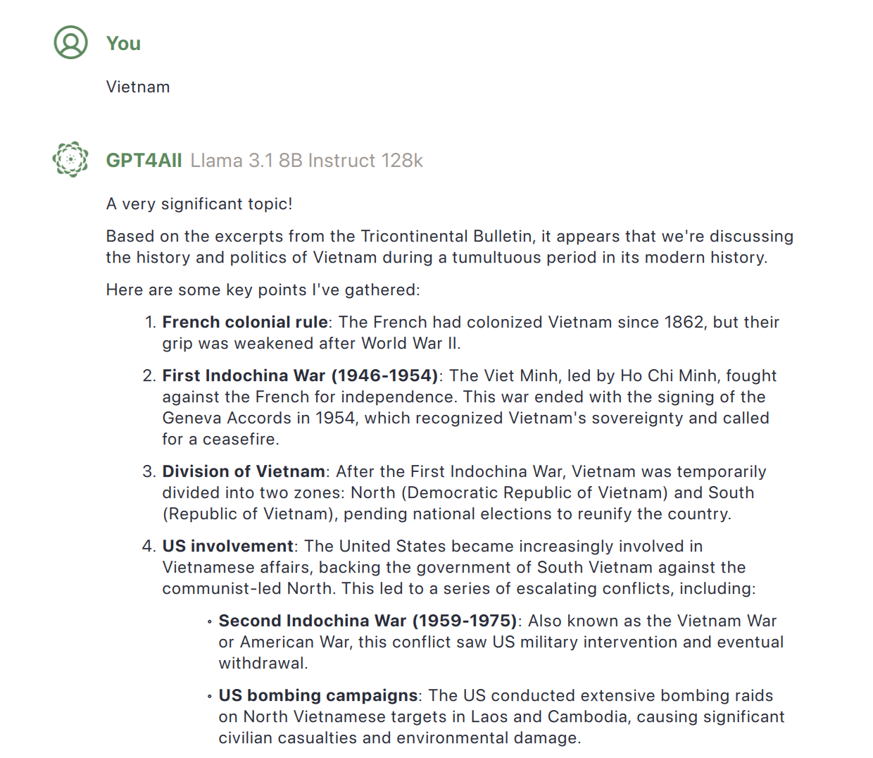 Screenshot showing the response generated by GPT4All for the query, listing a series of numbered key points