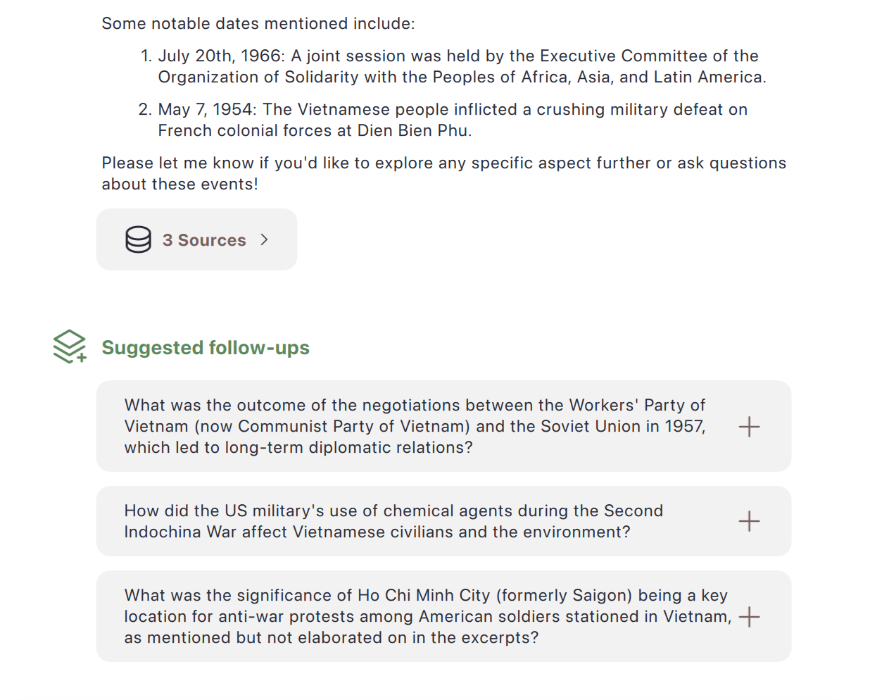 A screenshot showing the responses generated by the chat after searching for the term 'Vietnam', plus three 'Suggested follow-ups' questions..