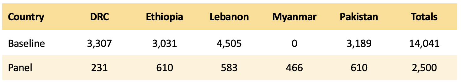 Table showing baseline and panel surveys in all five countries