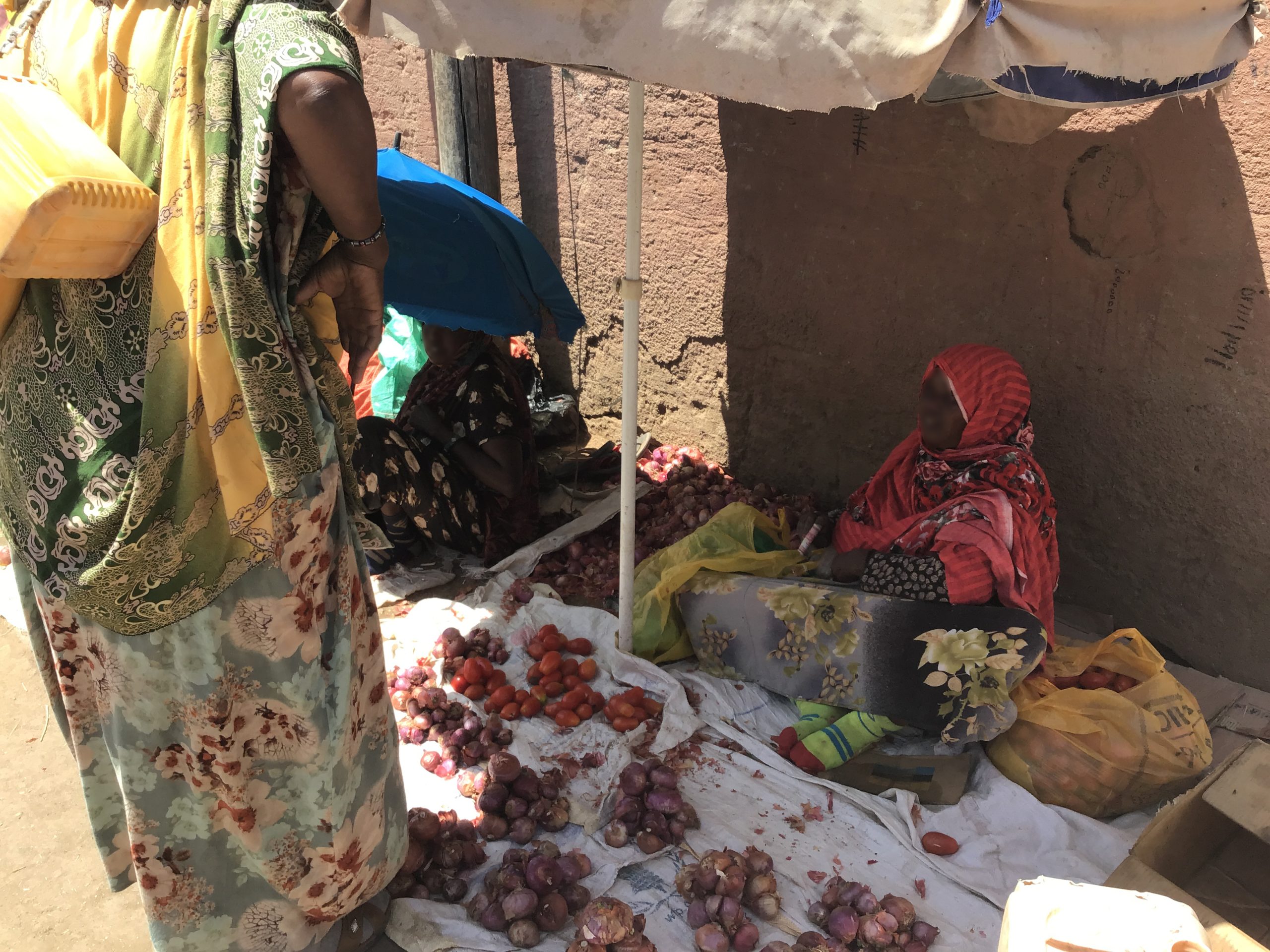 Photo of a woman selling vegetables. She is seated on the ground with a blanket laid in front of her. The vegetables are laid out on the blanket.