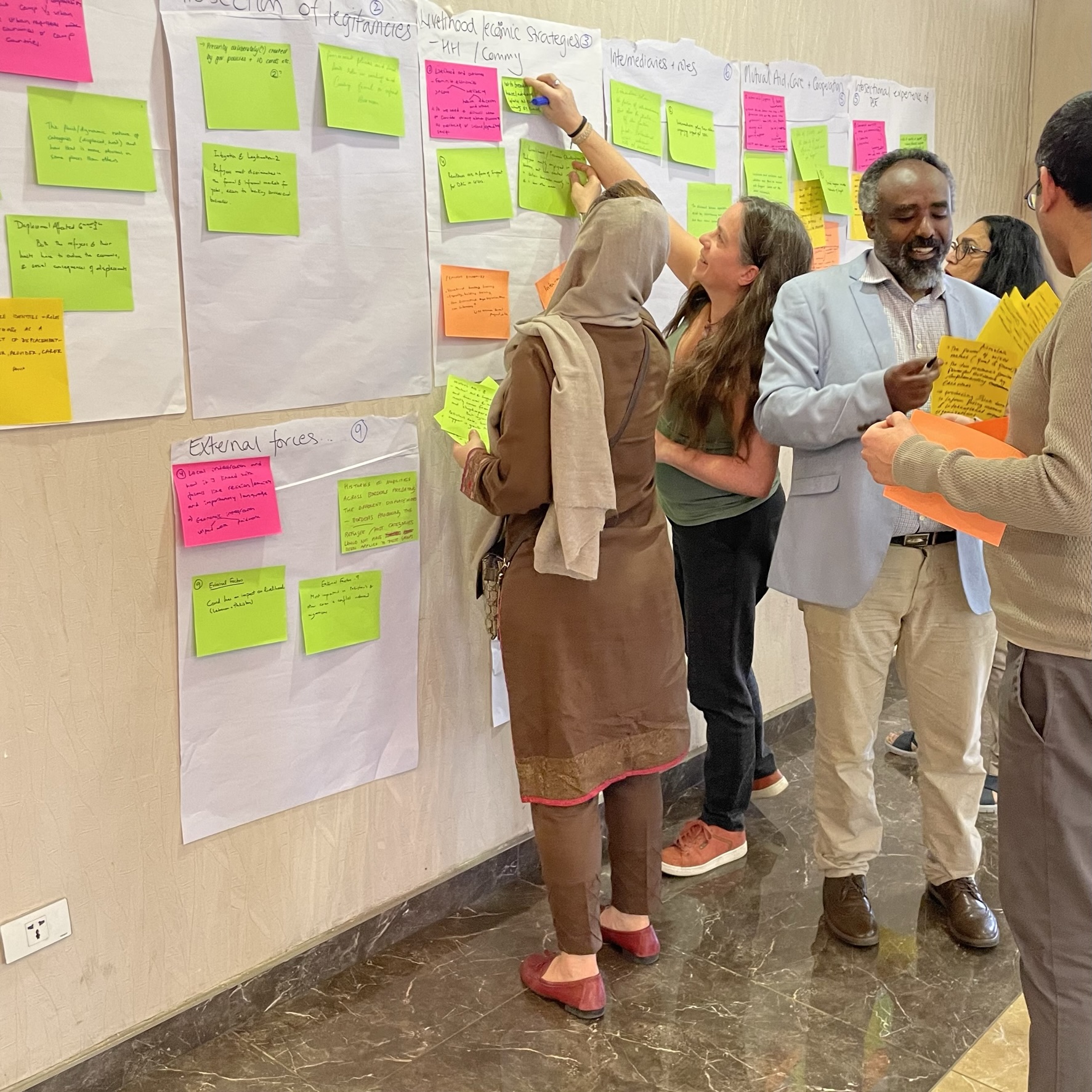 A photo of a group of people gathered in front of a wall on which large coloured post-its are pinned on different sheets of white paper. There is writing on each post-it.